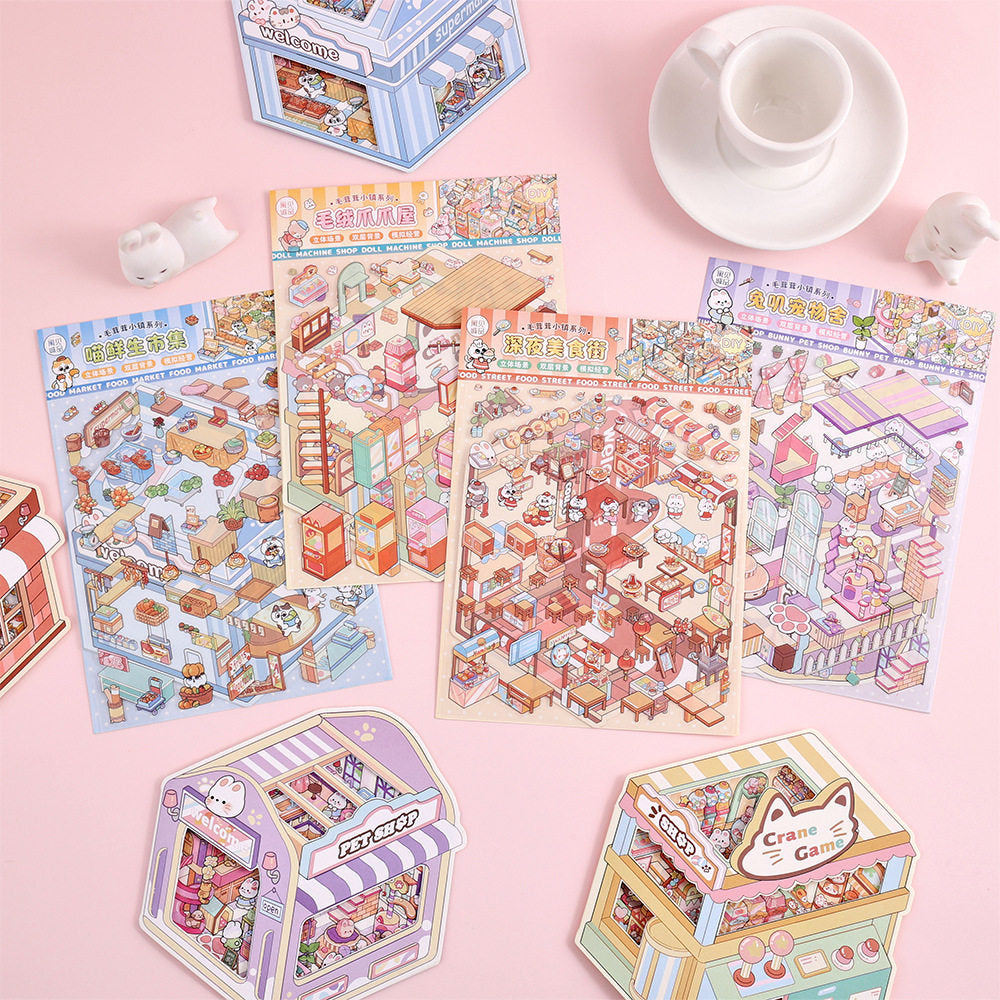 Fluffy Town DIY 3D Scene Stickers - 4 Cute Miniature Scenes #059