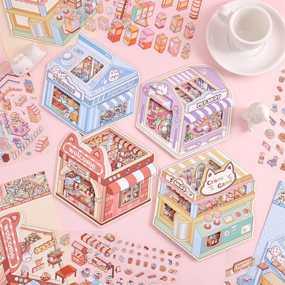 Fluffy Town DIY 3D Scene Stickers - 4 Cute Miniature Scenes #059