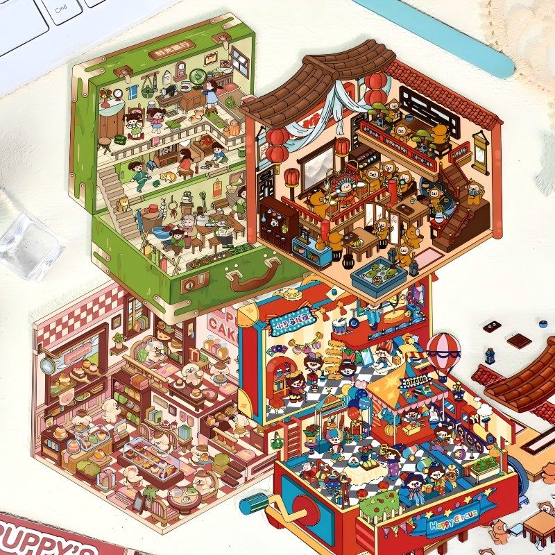 Layered Tiny Cottage DIY 3D Scene Stickers - 4 Cute Miniature Scenes #177