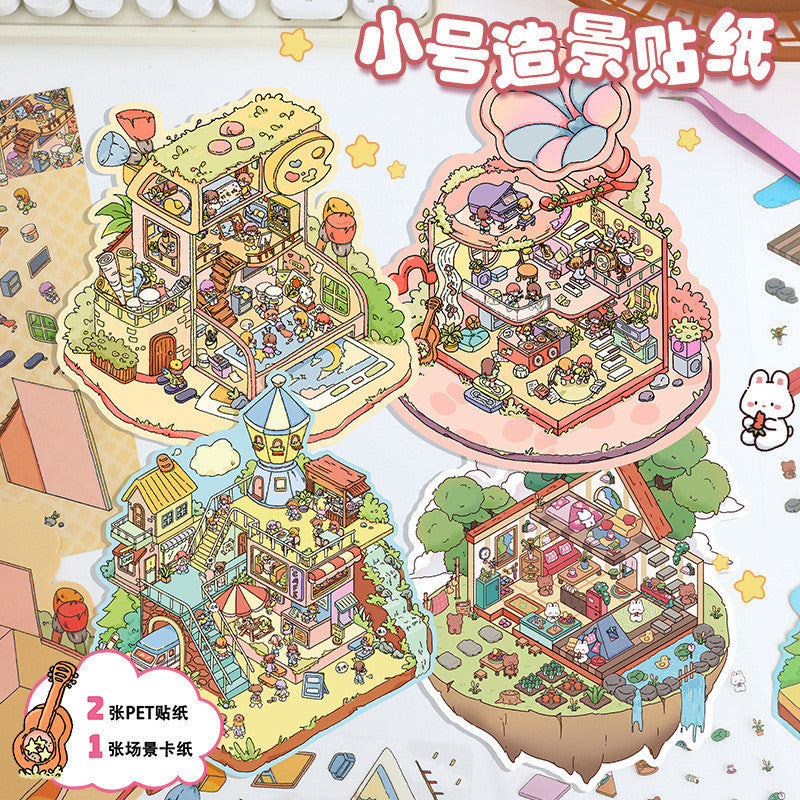 Cartoon Miniature DIY 3D Scene Stickers - 4 Cute Miniature Scenes #144