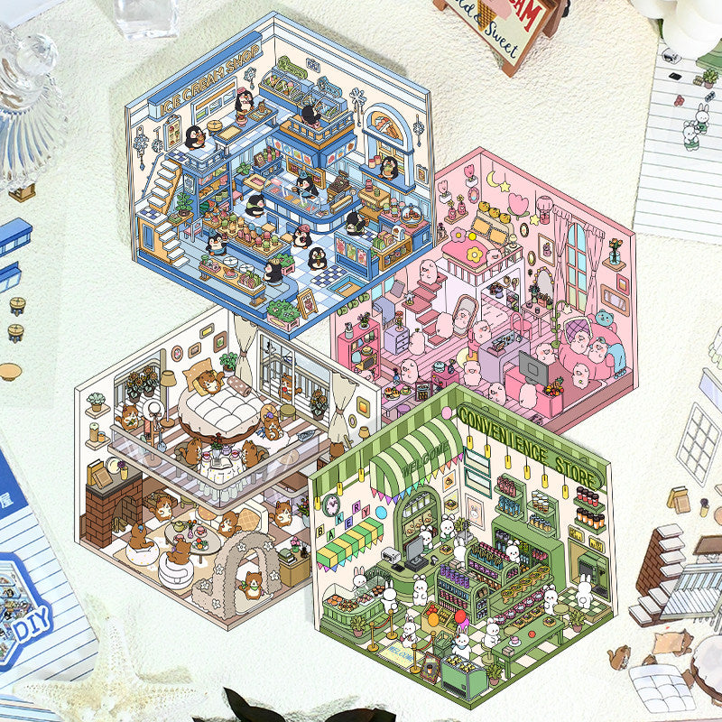 Vibrant Cottage DIY 3D Scene Stickers - 4 Cute Miniature Scenes #185