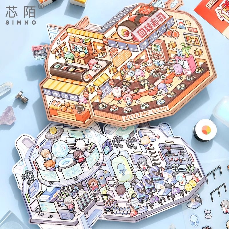 Pixel Style DIY 3D Scene Stickers - 2 Cute Miniature Scenes #112