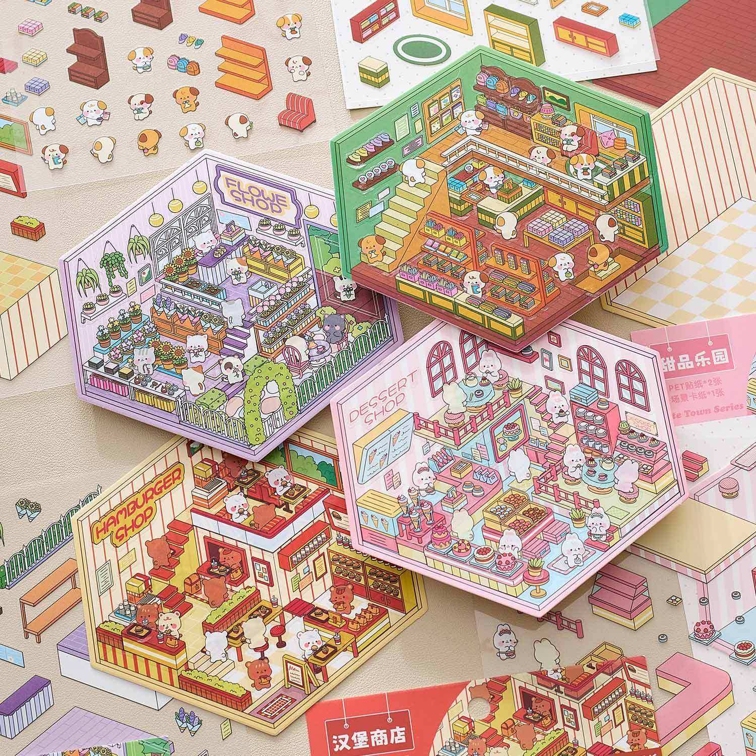 Cute Town DIY 3D Scene Stickers - 4 Cute Miniature Scenes #162