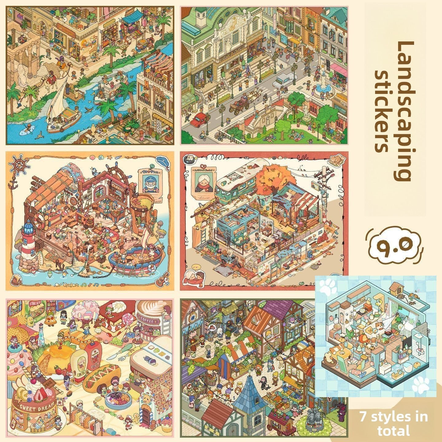 Cute Town DIY 3D Scene Stickers - 7 Cute Miniature Scenes #175
