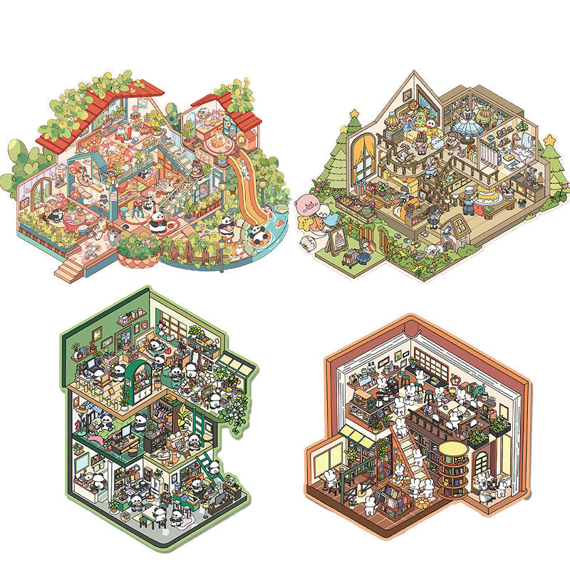 Panda Villa DIY 3D Scene Stickers - 4 Cute Miniature Scenes #073